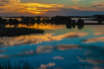 Beautiful sunset over the swamp in Louisiana, the reflection of clouds in the water, USA