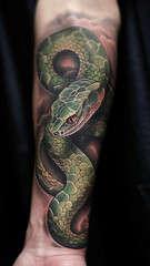 Tattoo Schlange auf menschlichem Arm. Hochkant. Generative Ai.