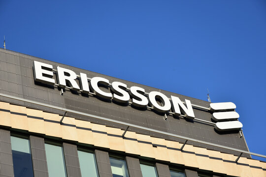 Ericsson logo, signage on the facade of Ericsson Sp. z o.o. office, Swedish multinational networking and telecommunications company. WARSAW, POLAND - MAY 11, 2021