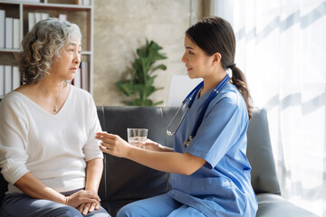 Obraz premium Female therapist recommending pills to elderly patients