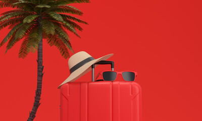 red Suitcase, Palm tree, hat and sun glasses on red background. Vacation on the beach. 3d rendering.