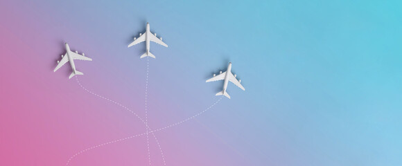three airplanes travelling to different destinations in gradient background. holiday or business trip concept.