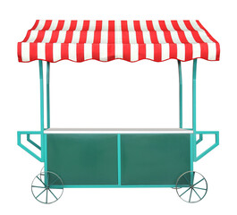Green street market stand stall with wheels and red white striped awning and metal pillars isolated on white background. Small business concept