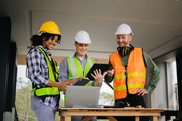 Engineer teams meeting working together wear worker helmets hardhat on construction site in city....