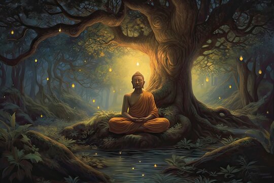 siddhartha gautama enlightened under bodhi tree, generative AI