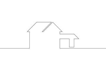 One continuous line. Minimalist home logo design. Residential building logo. Construction and rent. Residential building. House. One continuous line drawn isolated, white background.