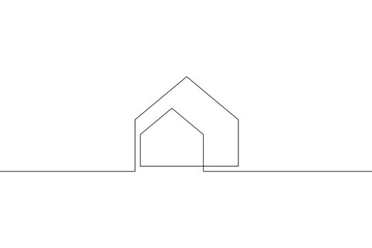One continuous line. Minimalist home logo design. Residential building logo. Construction and rent. Residential building. House. One continuous line drawn isolated, white background.