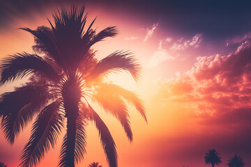 Fototapeta na wymiar Palm tree at sunset, tropical wallpaper. AI