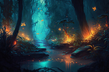Night tropical jungle with fireflies. Atmospheric fantasy forest. AI	