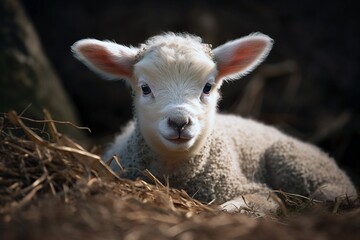 Fototapeta premium Adorable Newborn Lamb Gazing into the Camera, Genrative Ai