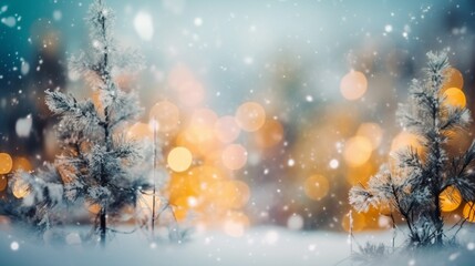 Fototapeta na wymiar クリスマスの冬のぼやけた背景。ガーランドライトで飾られた雪とXmasツリー、休日のお祝いの背景。ワイドスクリーンの背景。新年 冬のアートデザイン、ワイドスクリーンのホリデーボーダーGenerativeAI