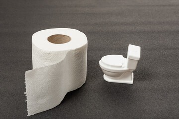 Roll of white toilet paper and small toy toilet bowl on gray background. Eco-friendly recycled toilet paper.