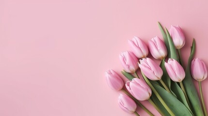 美しいコンポジション春の花。パステルピンクの背景にピンクのチューリップの花のブーケ。バレンタインデー、イースター、誕生日、ハッピーウーマンズデー、母の日。フラットレイ、トップビュー、コピースペースGenerativeAI