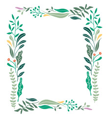 Floral frame. Botanical wreath. Flower, leaf, plants symbol illustration. Symmetric vector graphic design. 