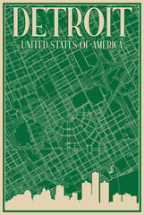 Colorful hand-drawn framed poster of the downtown DETROIT, UNITED STATES OF AMERICA with highlighted vintage city skyline and lettering