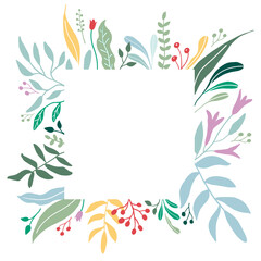 Floral frame. Botanical wreath. Flower, leaf, plants symbol illustration. Symmetric vector graphic design. 