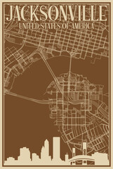 Fototapeta premium Colorful hand-drawn framed poster of the downtown JACKSONVILLE, UNITED STATES OF AMERICA with highlighted vintage city skyline and lettering