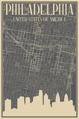 Colorful hand-drawn framed poster of the downtown PHILADELPHIA, UNITED STATES OF AMERICA with highlighted vintage city skyline and lettering