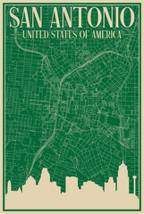 Colorful hand-drawn framed poster of the downtown SAN ANTONIO, UNITED STATES OF AMERICA with highlighted vintage city skyline and lettering
