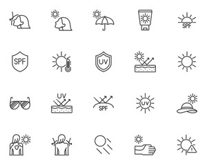 set of sun protection icons, sunscreen, sunburn, summer