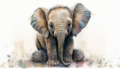 Elephant baby illustration with light watercolor on white background, minimalist animal painting, light watercolor artwork, unique wall décor, ai art. generative ai
