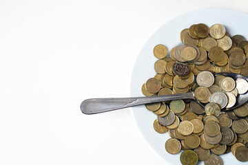 spend money,eating large amounts of coins and spoons,money on a dinner plate, a spoonful of turkish...