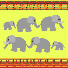 On a yellow background with an original ornament, a family of three elephants walks in one direction and then back.