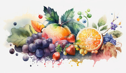 fruits illustration with light watercolor on white background, light watercolor artwork, unique wall d&eacute;cor, ai art. generative ai