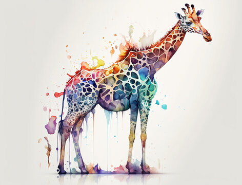 giraffe illustration with light watercolor on white background, minimalist animal painting, light watercolor artwork, unique wall décor, ai art. generative ai