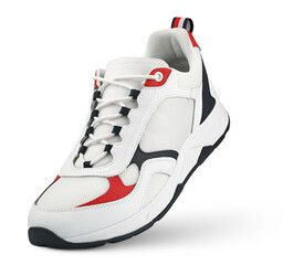 White sneaker stands on the tip isolated on transparent background