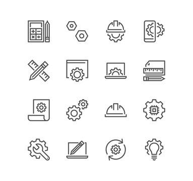 Set of engineering related icons, manufacturing, engineer, production, settings and linear variety vectors.