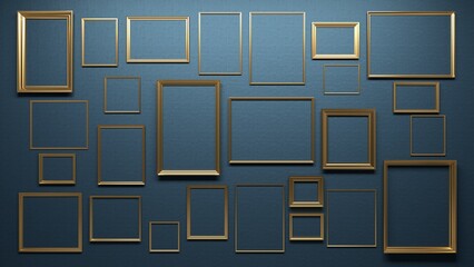 Golden frames on a blue background. Frames of different sizes on the wall. 3d render illustration mock up.	