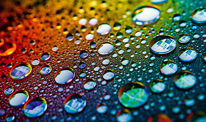 Millions of droplet of diverse sizes on the colorful surface. Multicolored pattern with drops backdrop. Close up. Generative AI.