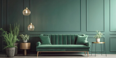 Living room interior with green sofa and decoration room on empty dark green wall background. Banner Copyspace.
