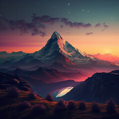 illustration of a mountain with a sunrise background. 