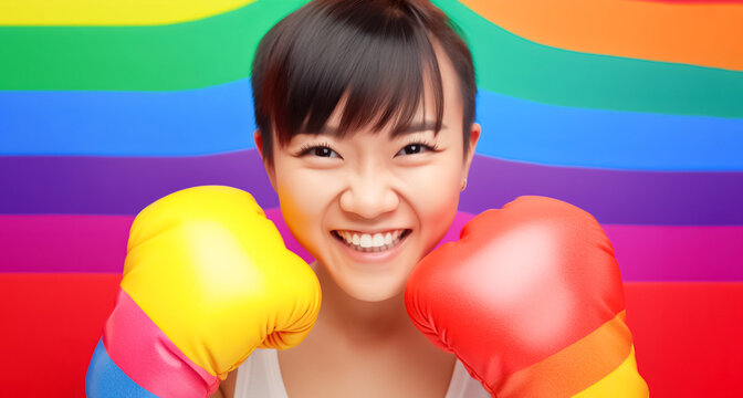 LGBT wears rainbox boing gloves, lifts her arms up in a post in front of vivid background. generative AI.