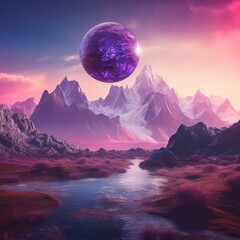 An undiscovered planet with a vibrant purple atmosphere, towering mountains and glittering crystal formations, Generative AI