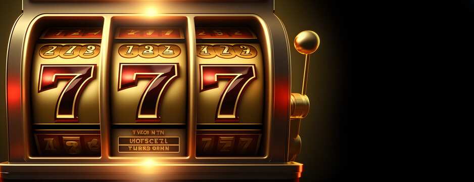 Casino banner, slot machine with 777 symbols, golden color. Generation AI