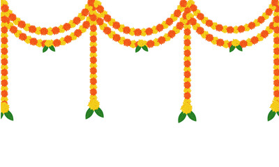 Traditional indian marigold toran floral garland vector,wedding and festival decoration,border flower decoration with transparent background