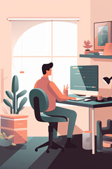 Fototapeta premium A person browsing products on a computer device while sitting at a desk, flat illustration