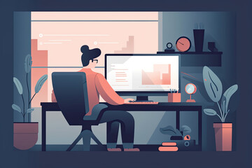 A person browsing products on a computer device while sitting at a desk, flat illustration