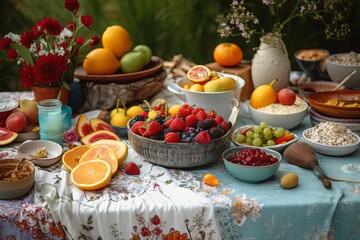 Fototapeta na wymiar Summer food table, fresh fruits and beverages, generated via AI