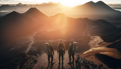 Group tourists of hiker sporty people on top of mountains at sunset with backpacks. Concept banner adventure with copy space. Generation AI