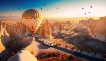 Tourists vacation Caravan RV in Cappadocia background hot air balloon with sunset, motorhome car in Turkey Travel. Generation AI