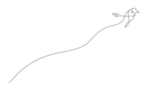 Self-drawing simple animation of continuous one line Woman dancer jumping with passion. Drawing by hand, black single line on a white background.