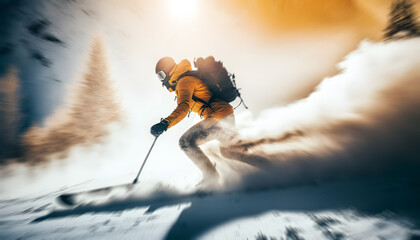 Extreme skiing. Freeride ski in fresh powder snow with sunlight. Winter action photo. Generation AI - obrazy, fototapety, plakaty