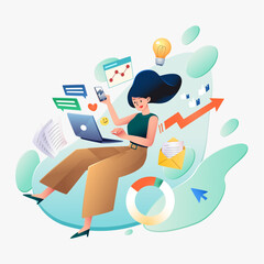 Woman working on computer fly in the air Businesswoman in casual clothing with laptop, vector illustration 