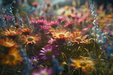 Colorful abstract flower meadow as panorama background, Generative AI	
