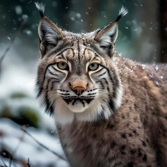 Fototapeta premium Lynx (Lynx Lynx) in a wintry setting in the forest, with snowfall, ai generated