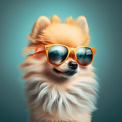 Very funny Pomeranian dog with sun glasses created with Generative AI technology